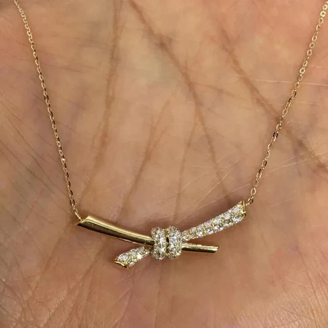 1.1Ct Round Cut Lab Created Diamond Bow Pendant 14K Yellow Gold Plated 18″ Chain
