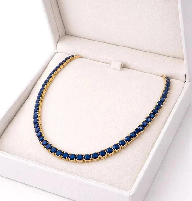 4MM Round Cut Lab Created Blue Sapphire Tennis necklace 14k Yellow Gold Plated