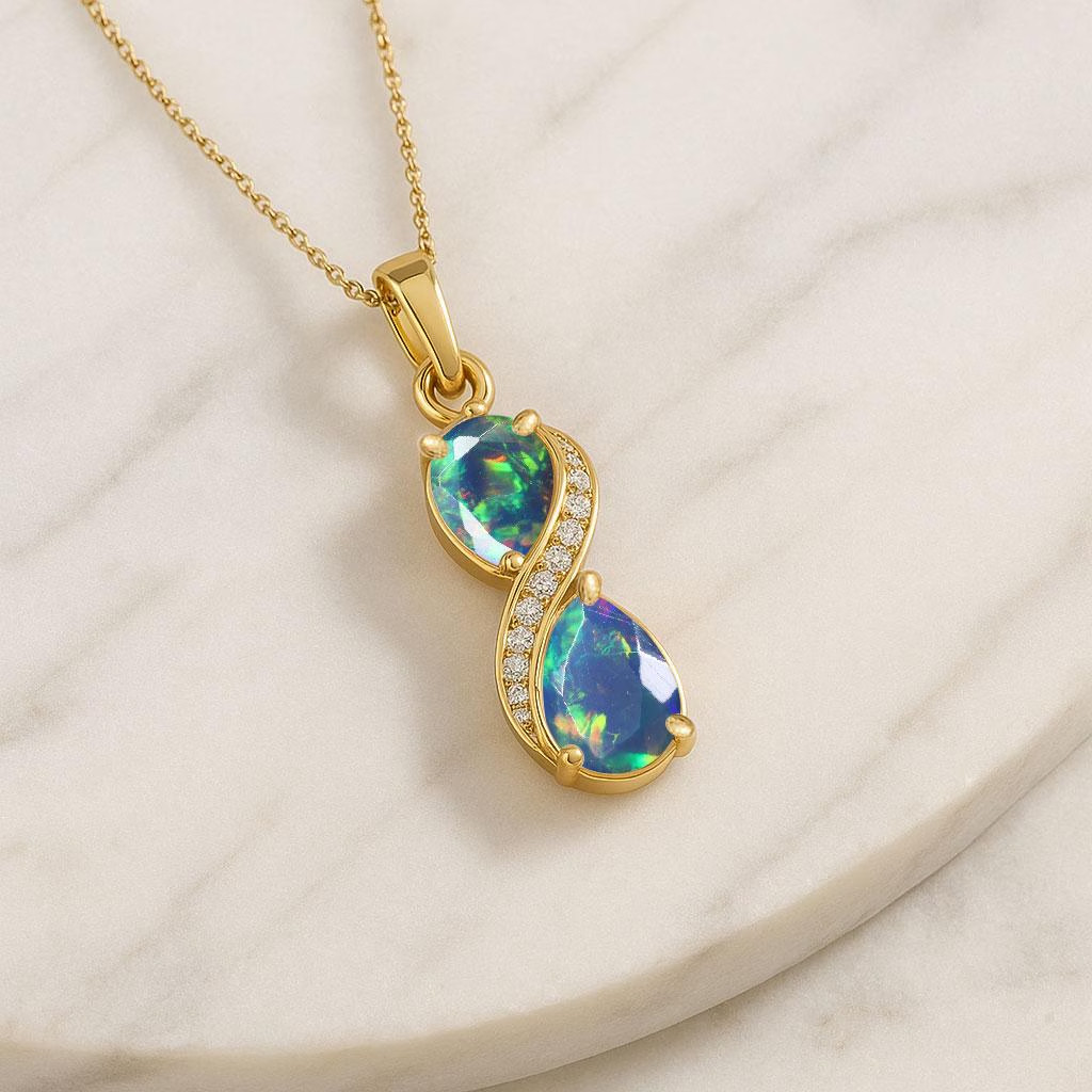 Black Opal Dual Pear Gemstone Charm Gold Pendant, Natural Opal Chain Pendant