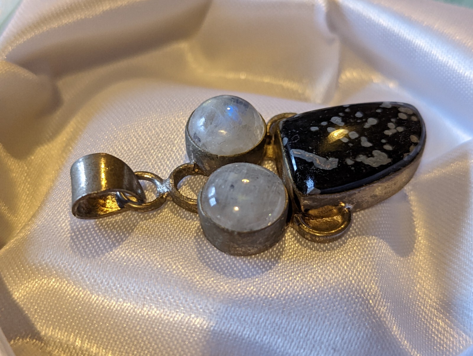 Vintage Natural Jasper & Moonstone Gemstone Pendant on German Silver 11g 50x24mm
