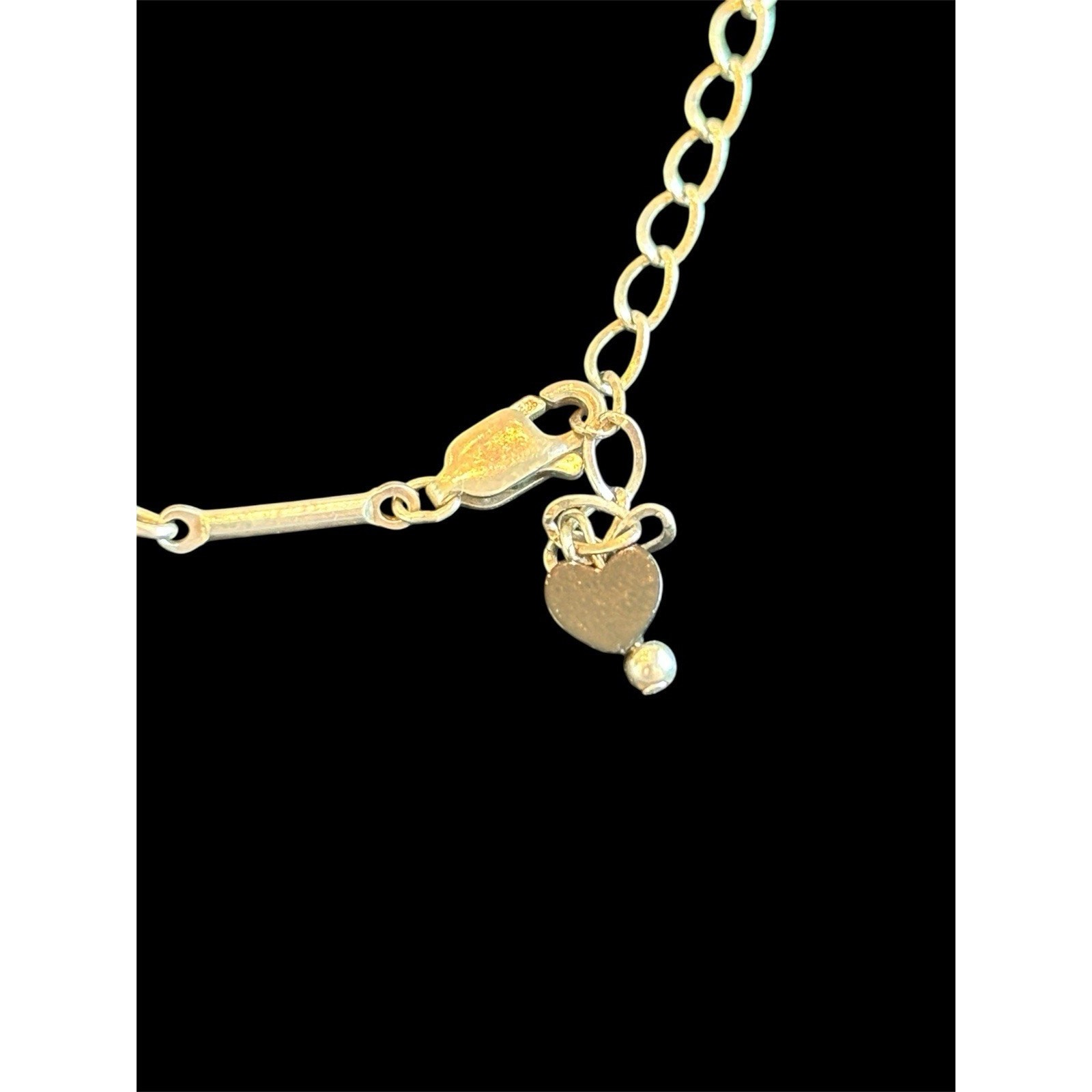 Sterling Silver 17” Bar Link Necklace With Black Heart Dangles 925