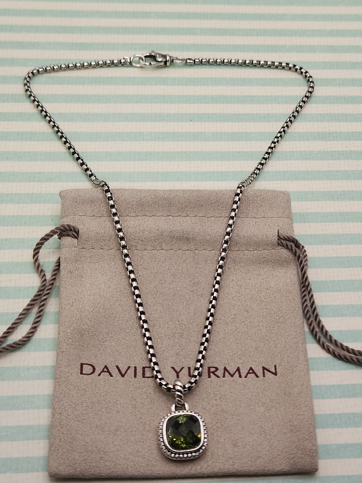 David Yurman 925 Sterling Silver 15.5mm Green Peridot Albion Necklace 18″