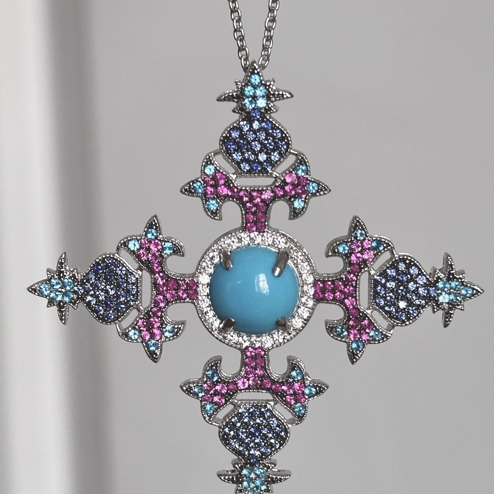 Vintage Art Deco Sleeping Beauty Turquoise Sapphire Cross Pendant 925 Silver