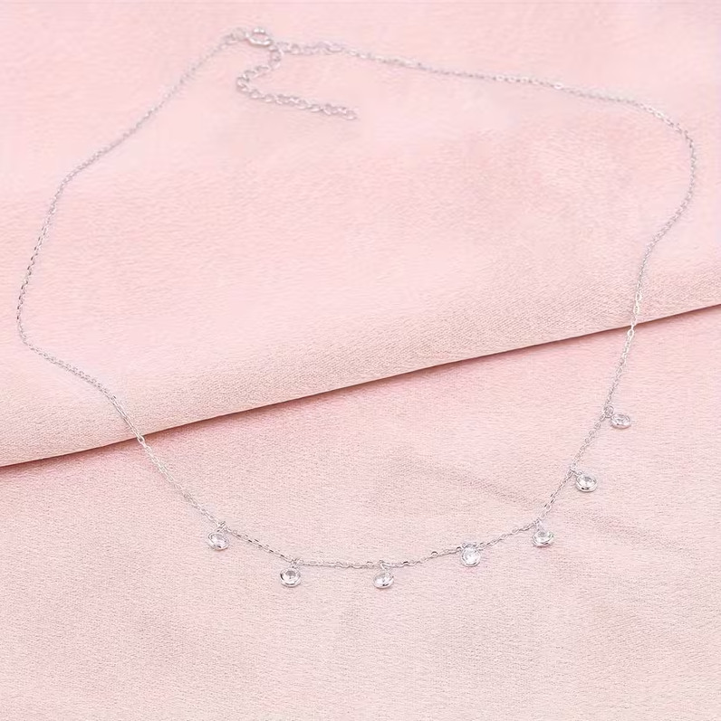 Moissanite Real 925 Silver Dangle Station Necklace Adjustable Choker for Women