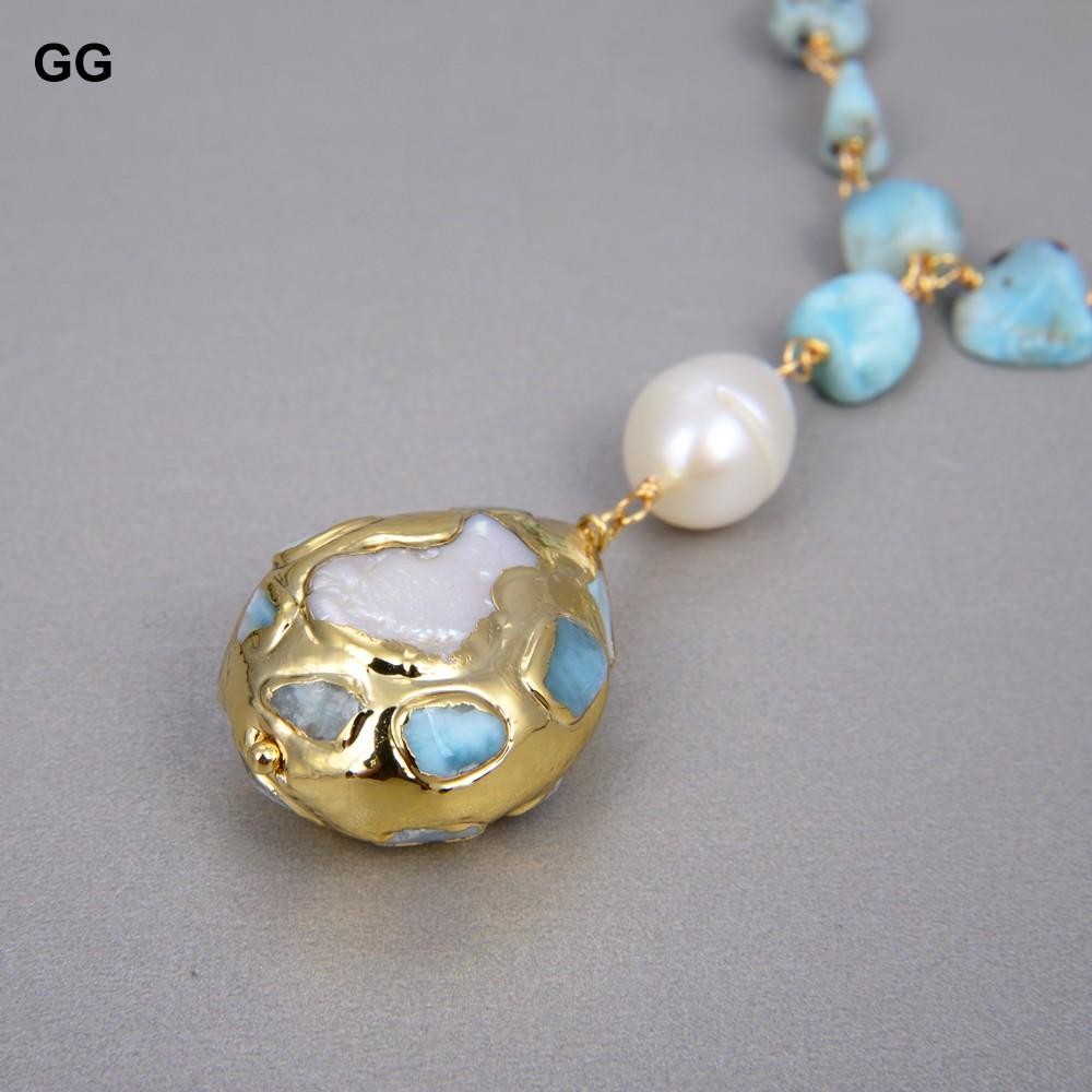 Blue Larimar Pearl Necklace Gold Plated Statement 21in Freshwater Women
