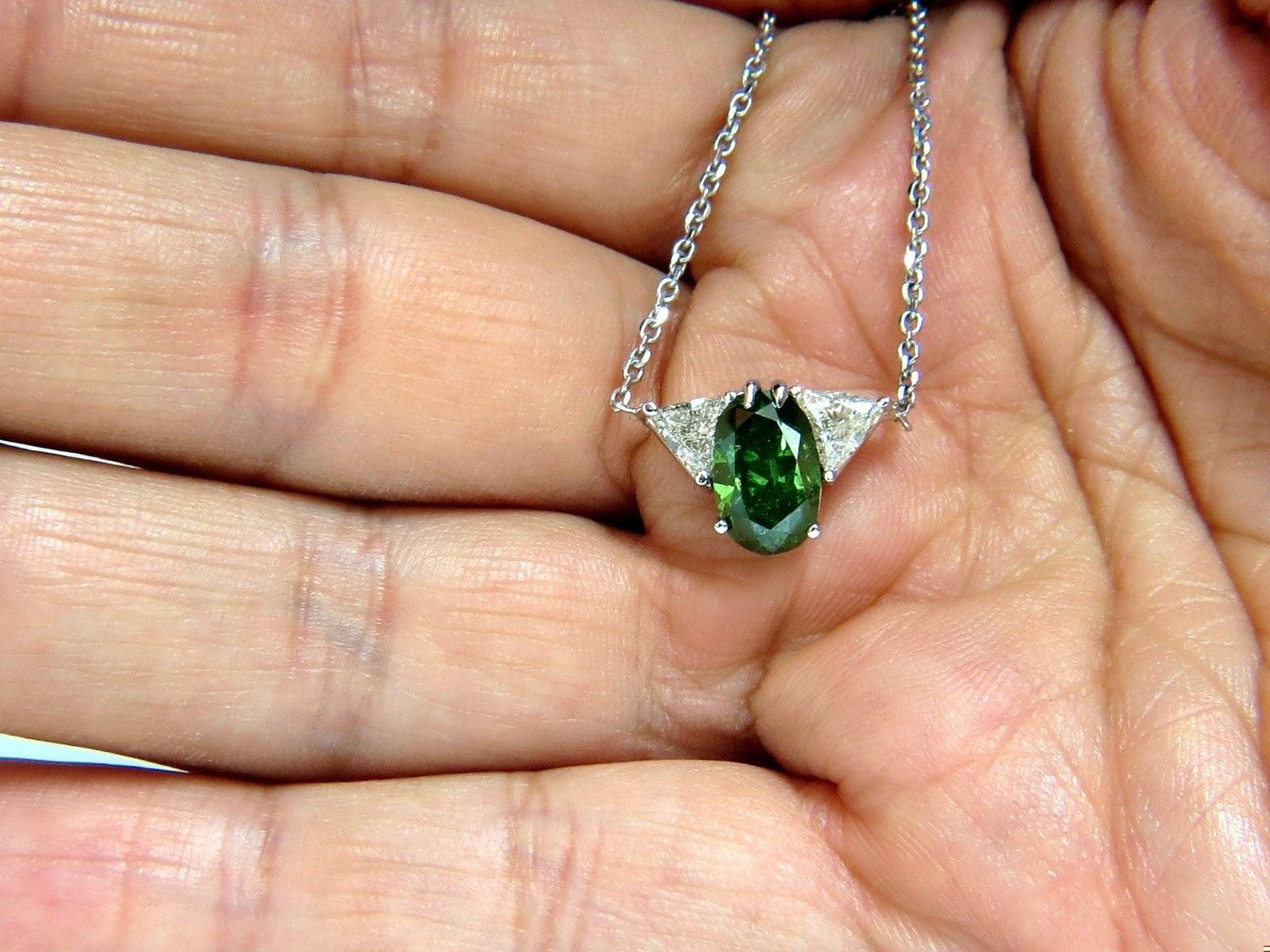 3.26CT ENHANCED FANCY COLOR GREEN DIAMOND NECKLACE SIDE TRILLIANTS 14KT 10035**