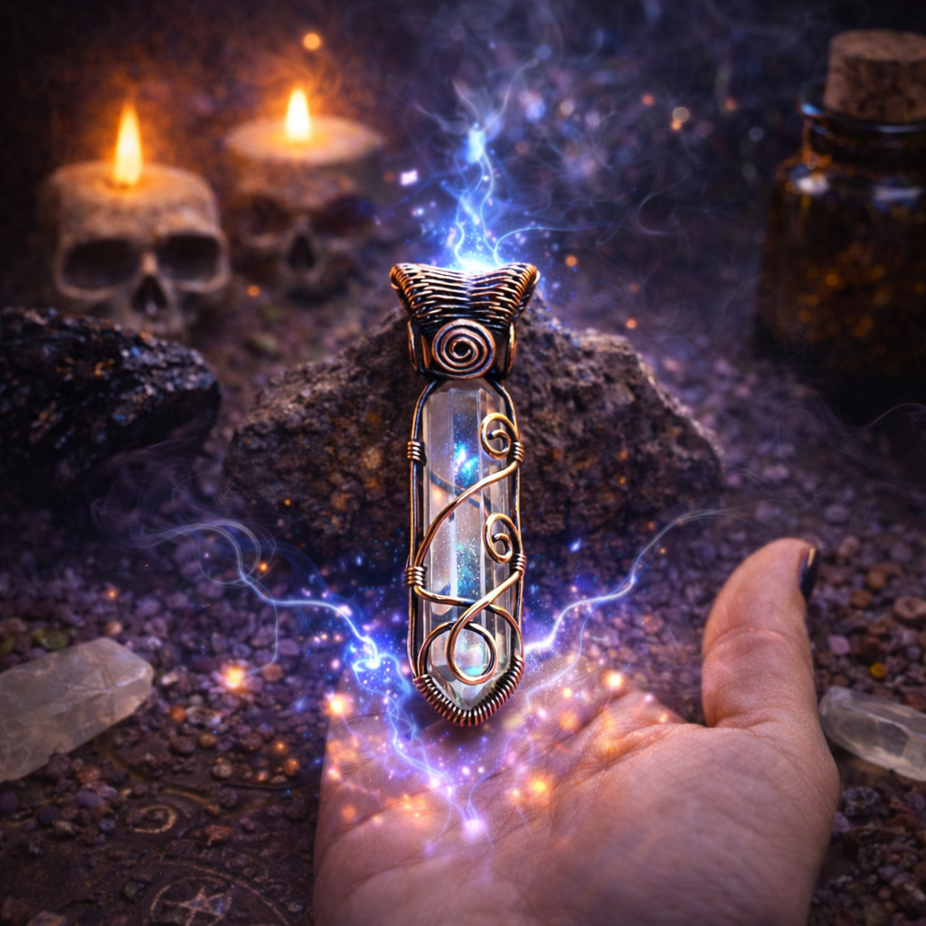 Handmade Clear Quartz Healing Crystal Necklace Copper Wire Wrapped Pendant