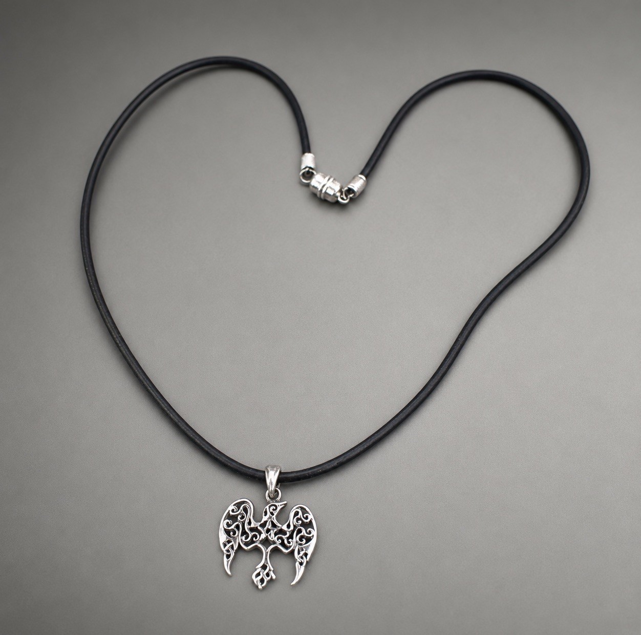 Sterling Silver Gothic Bird On Black Cord Necklace 23 Inches