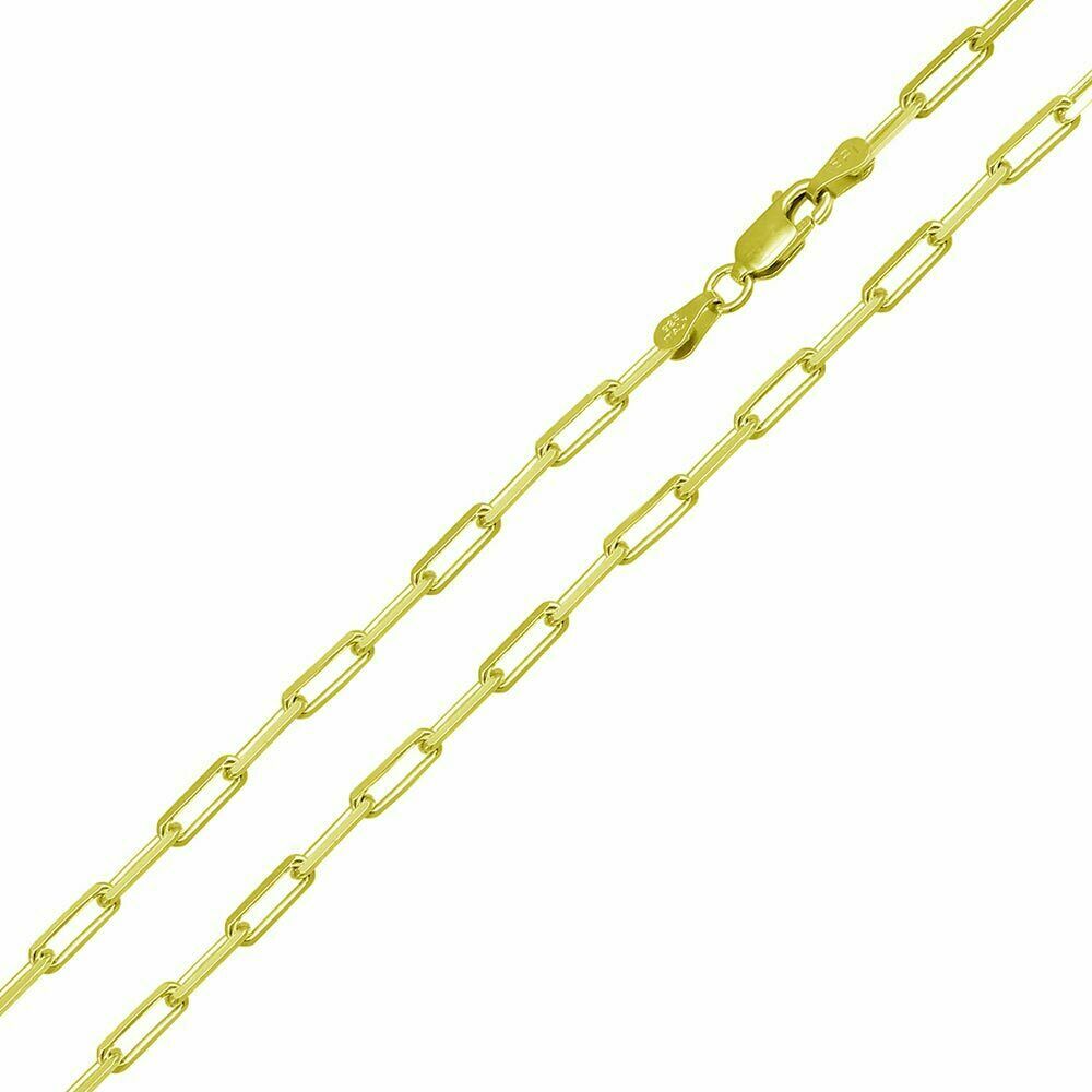 Solid 925 Sterling Silver Gold 3mm Paperclip Rolo Chain Necklace Made in Italy