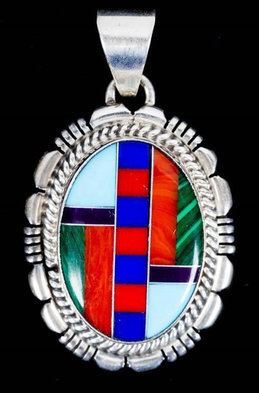 Sterling Silver 925 Oval Multicolor Inlay Pendant, Bezel Set, Signed