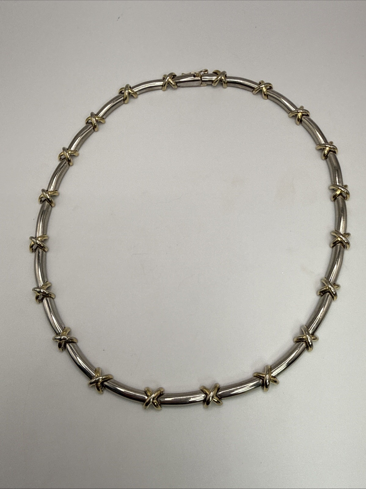 Sterling Silver Two Tone ‘X” and Bar Necklace 16″ 25.5 grams