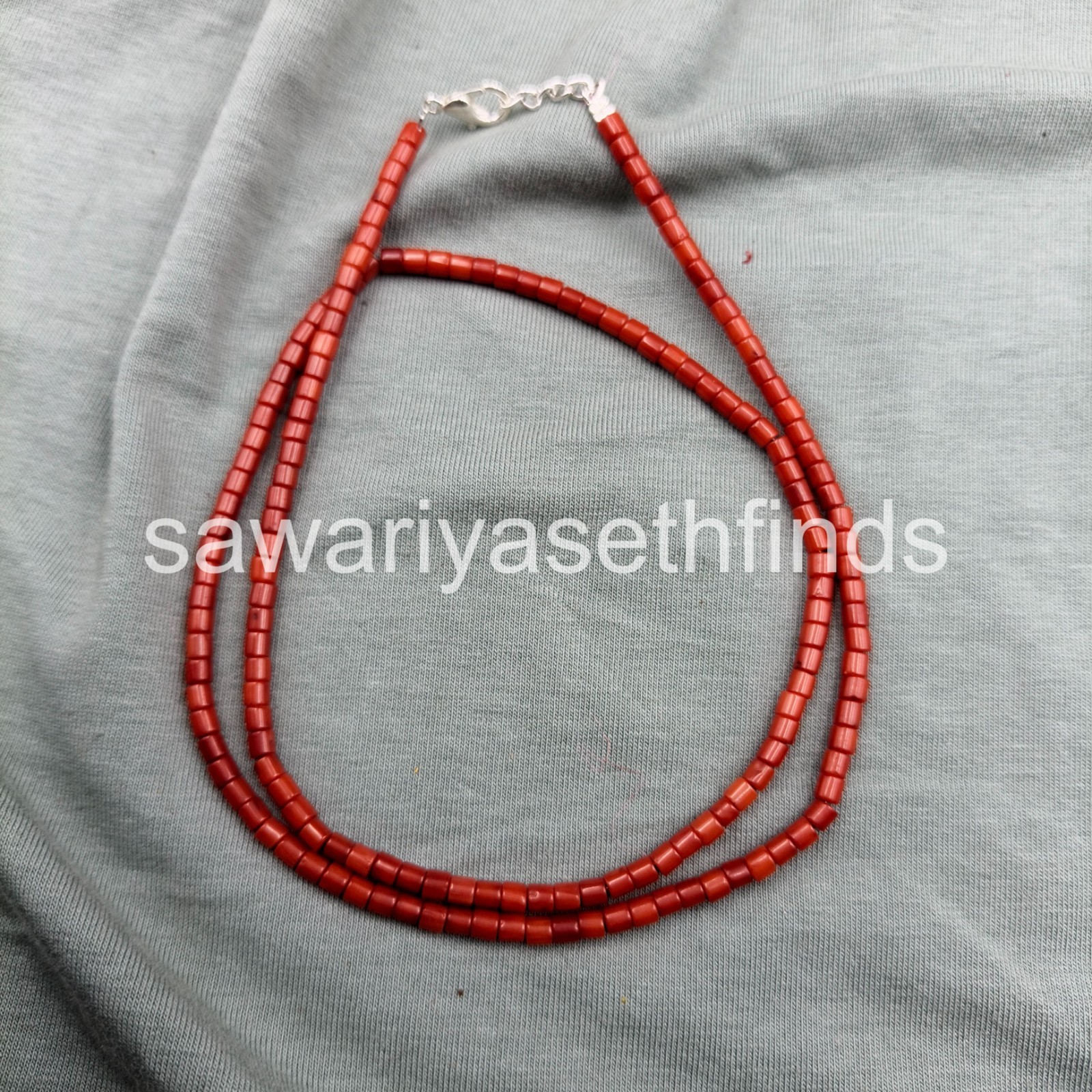 Red Coral 3mm Tube Beaded Necklace, Sterling Silver Clasp, Handmade Gemstone Jew