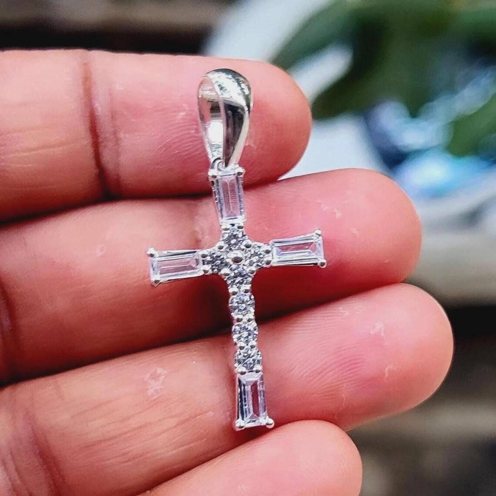 1 Ct Lab Created Baguette Moissanite Cross Shape Pendant 14K White Gold Plated