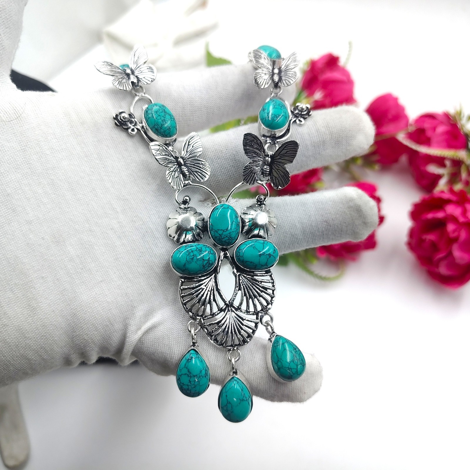 Blue Turquoise Gemstone Handmade 925 Sterling Silver Jewelry Necklace Sz-17-18″