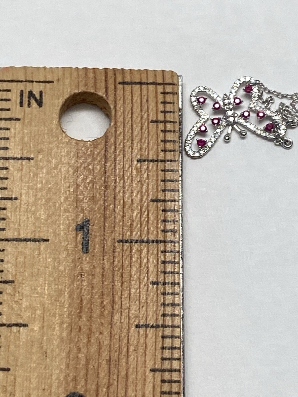 10K White Gold Natural Ruby and 0.20ct Diamond Butterfly Pendant and Chain NEW