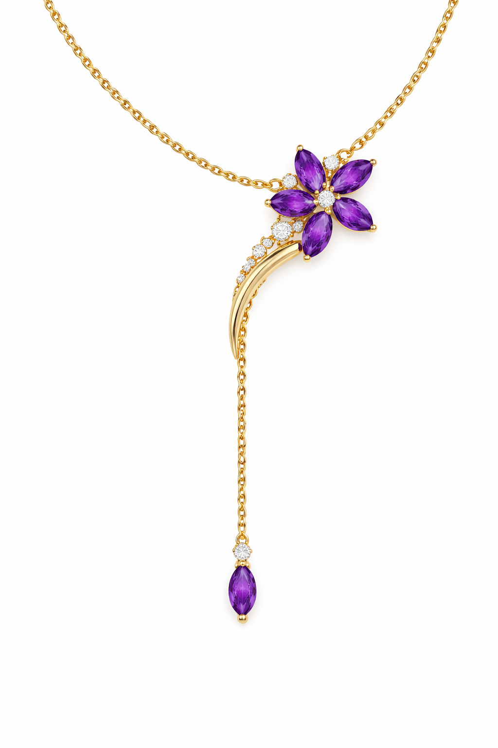 3Ct Lab-Created Amethyst Side Flower Lariat Necklace 14K Yellow Gold Plated