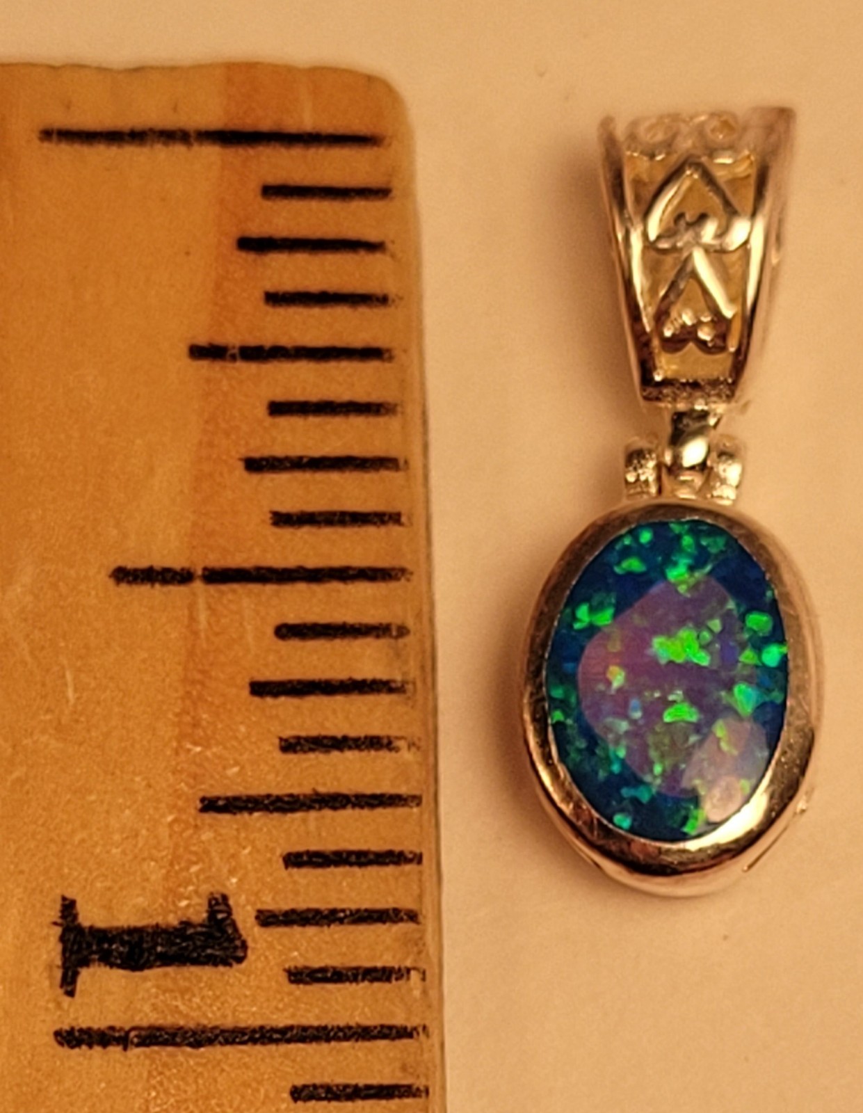 Sterling Silver 925 Filigree Pendant blue green oval charm beautiful hearts