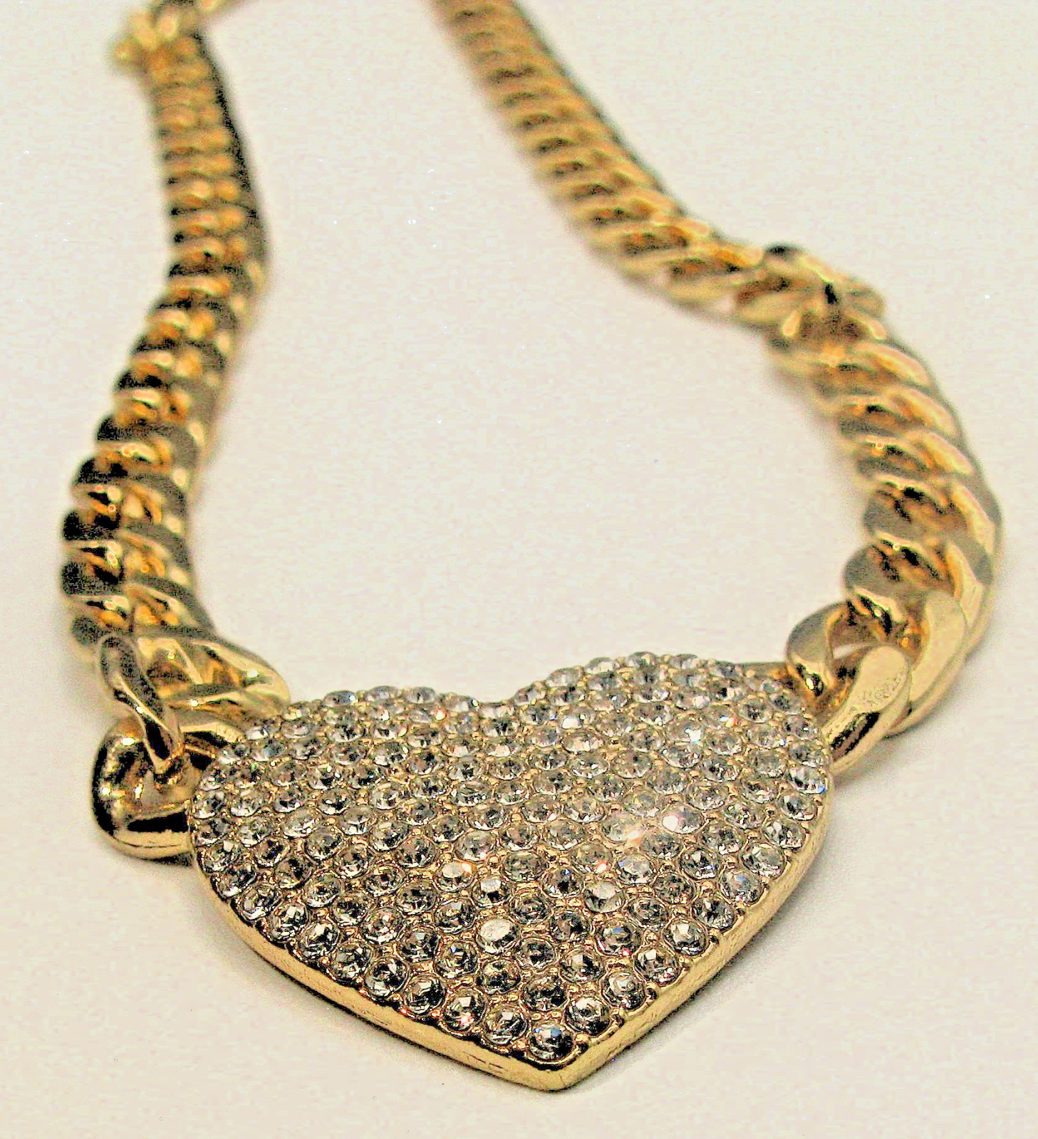 Gold Tone Heart Pendant Necklace Rhinestone Pave Curb Chain Fashion Jewelry