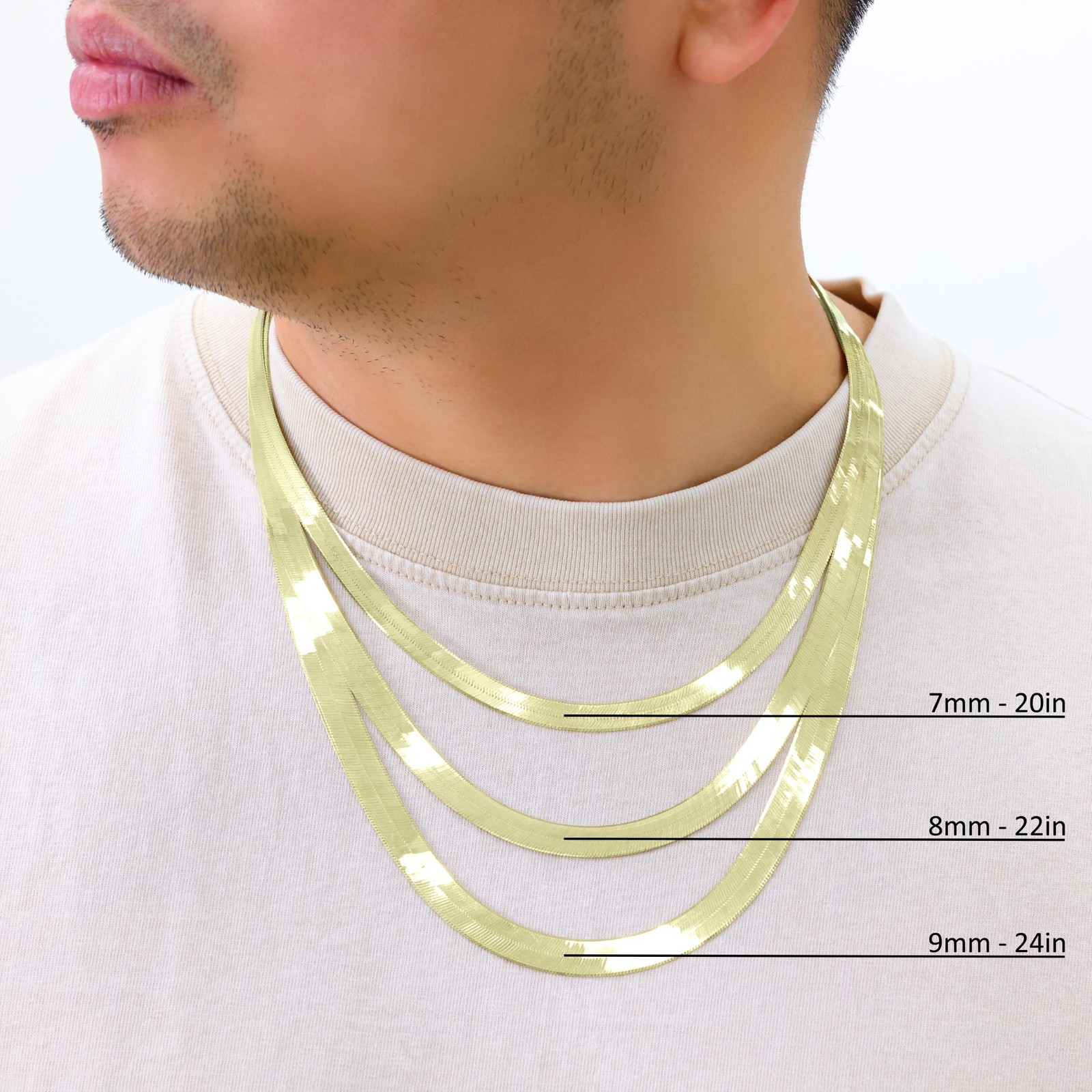 14K Yellow Gold Solid 3mm-9mm Flat Herringbone Chain Necklace Women Men 14″- 24″
