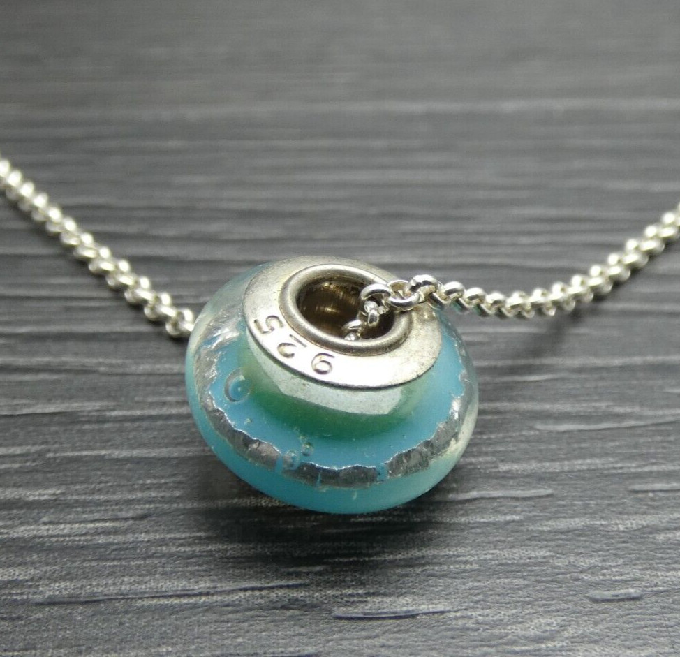 Sterling Silver Unique Green Blue Reflective Bead Charm Rolo Necklace 20 inches