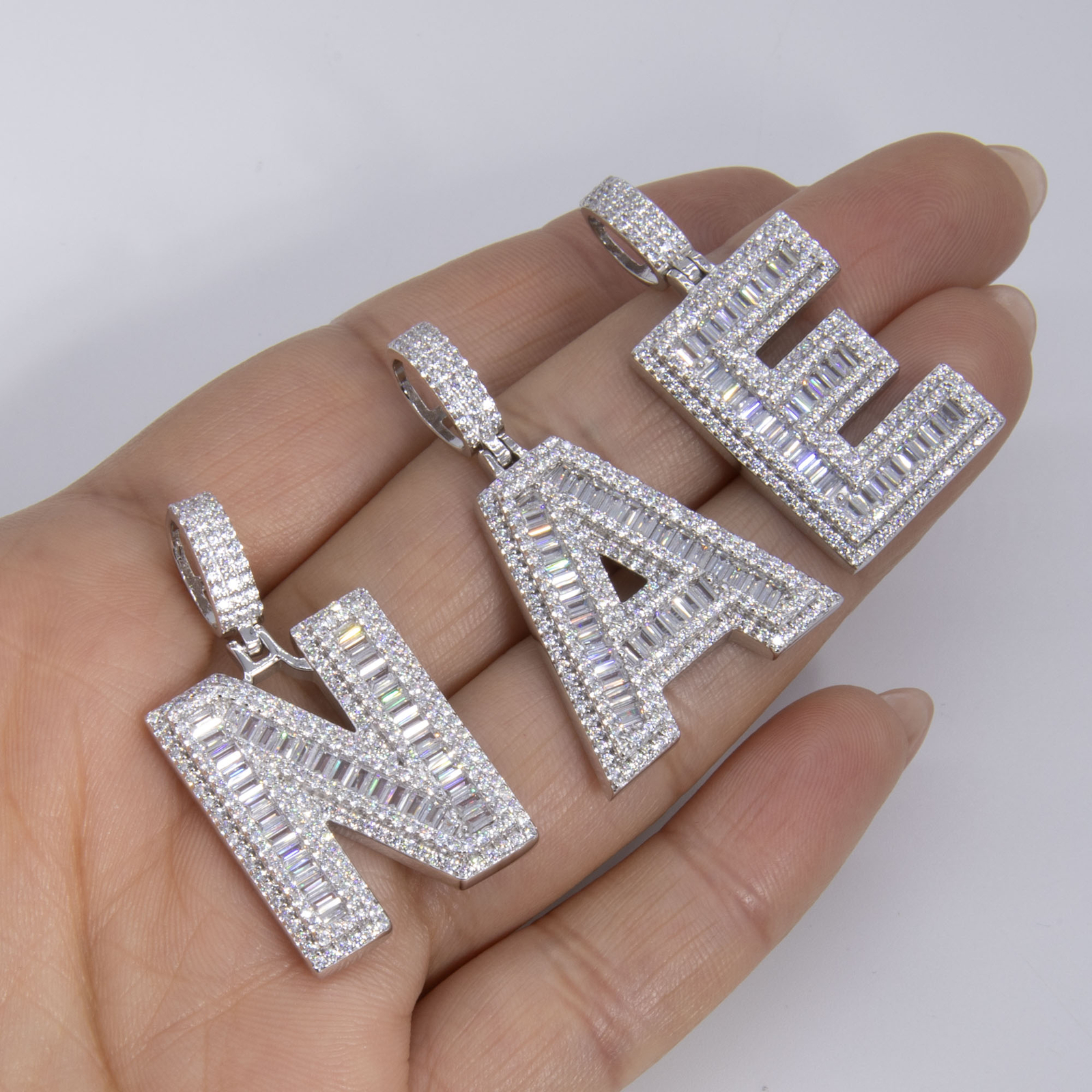1 1/2″ Shiny Baguette Block Letters Initial Pendant Sterling Silver
