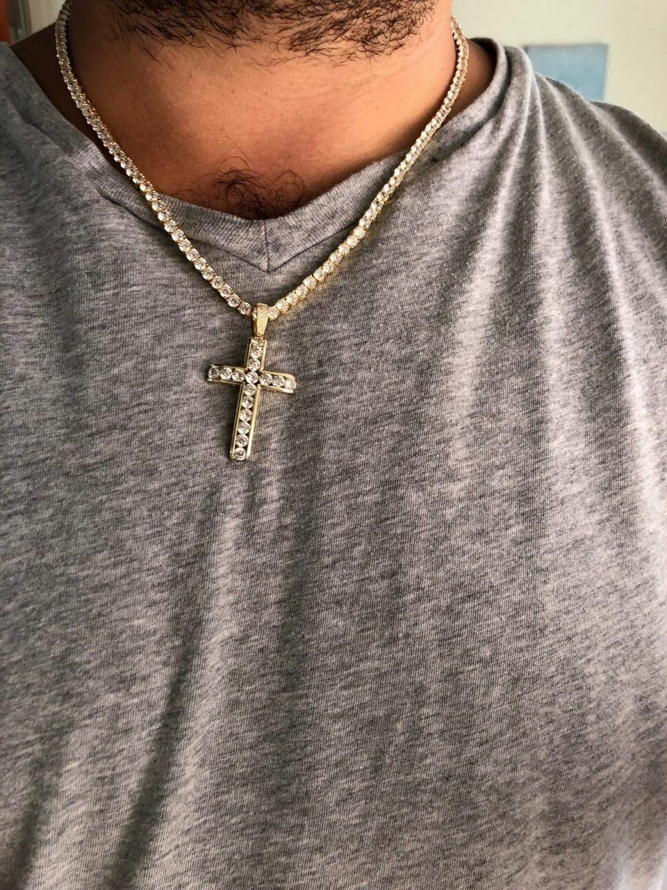 14k Gold Plated Real Solid 925 Silver Channel Set Cross CZ W. Chain Men’s ICY