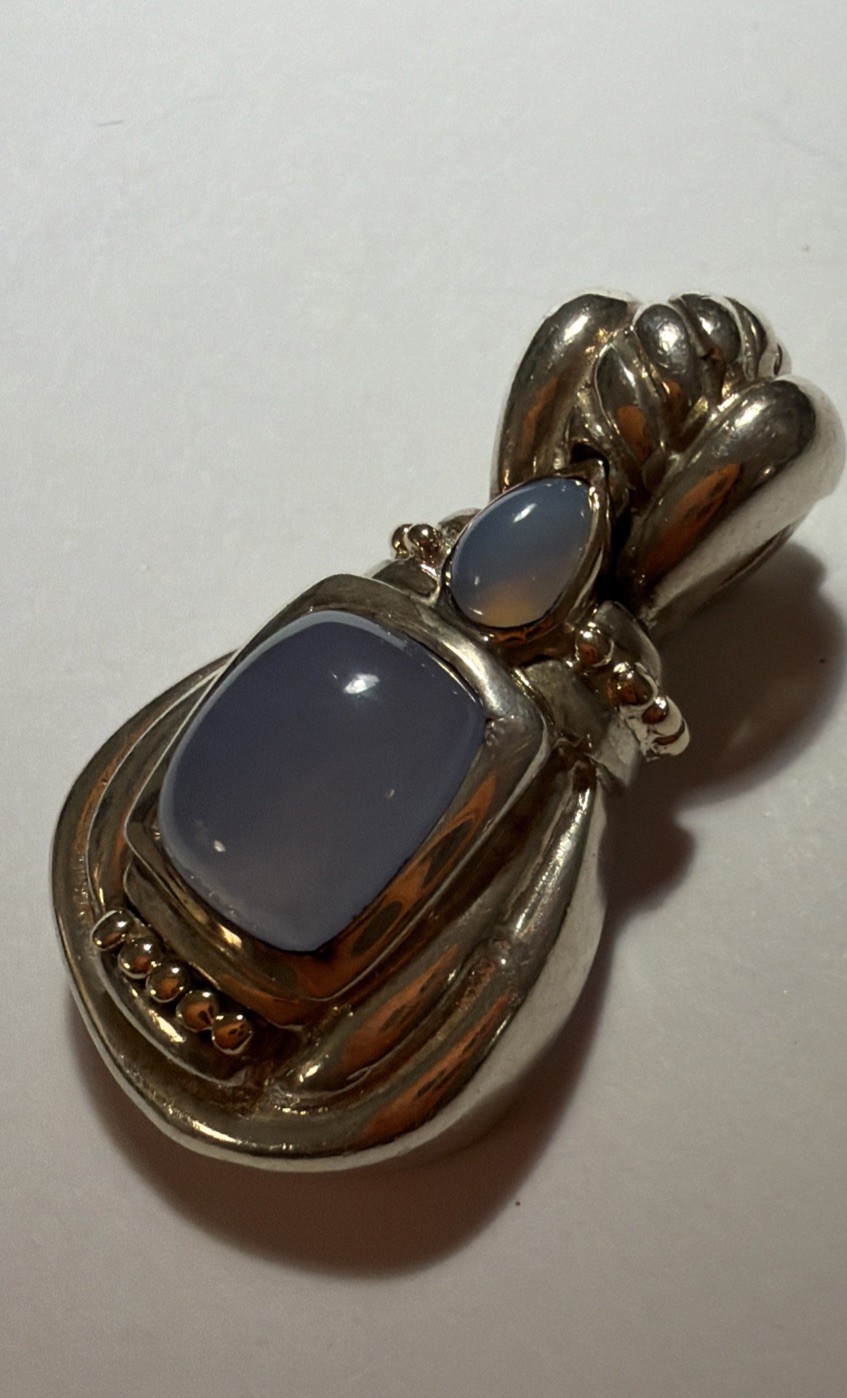 925 Sterling Silver 18K Gold Blue Chalcedony Hinged Enhancer Pendant Clip⁠
