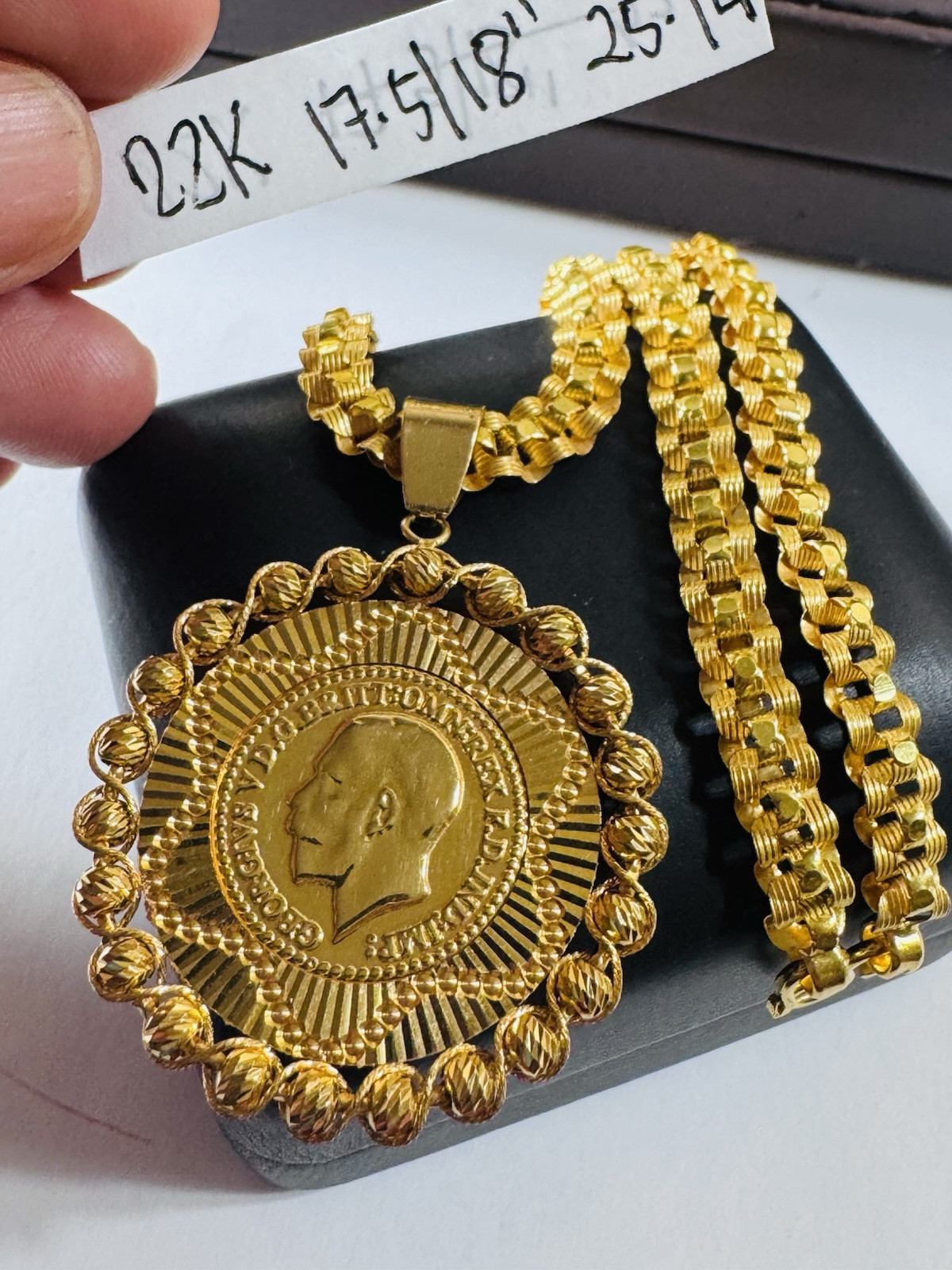 Solid Pure Genuine 22K 916 Dubai Gold Rare Coin Necklace 17.5/18 Inch 6mm 25.14g