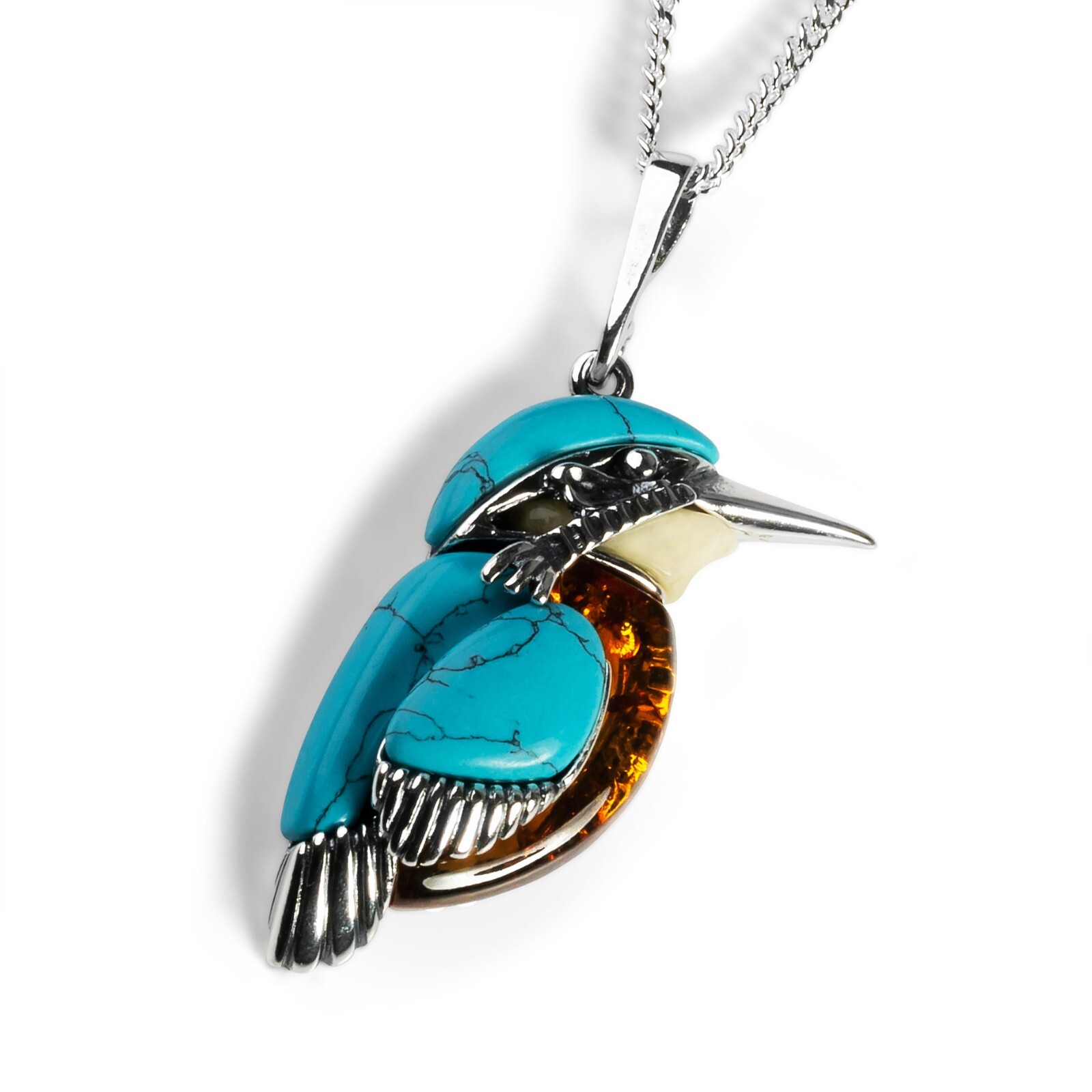 Kingfisher Bird Necklace Pendant 925 Sterling Silver Baltic Amber Turquoise