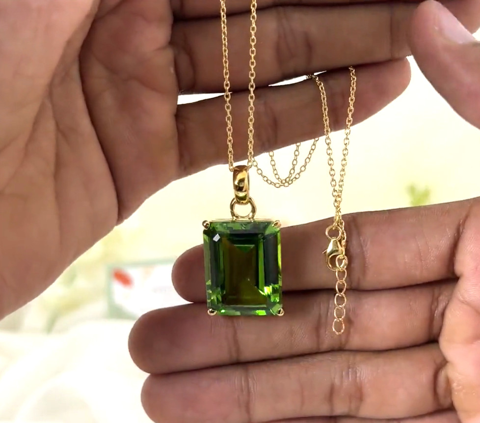 Large Green Peridot Necklace Gold Plated Peridot Pendant Sterling Silver Jewelry