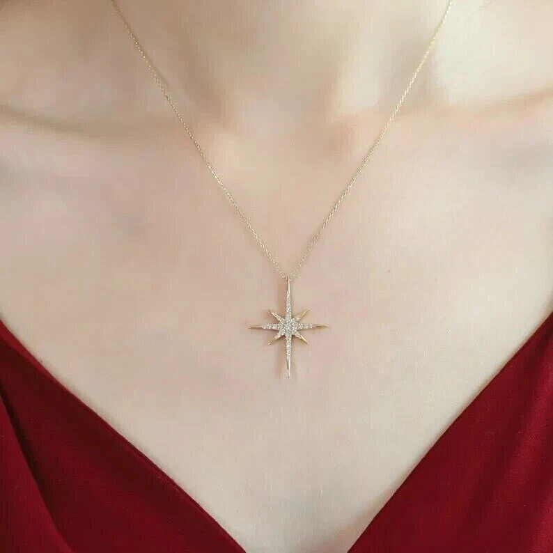 1 Ct Round Lab Created Diamond North Star Shape Pendant 14k Yellow Gold Plated