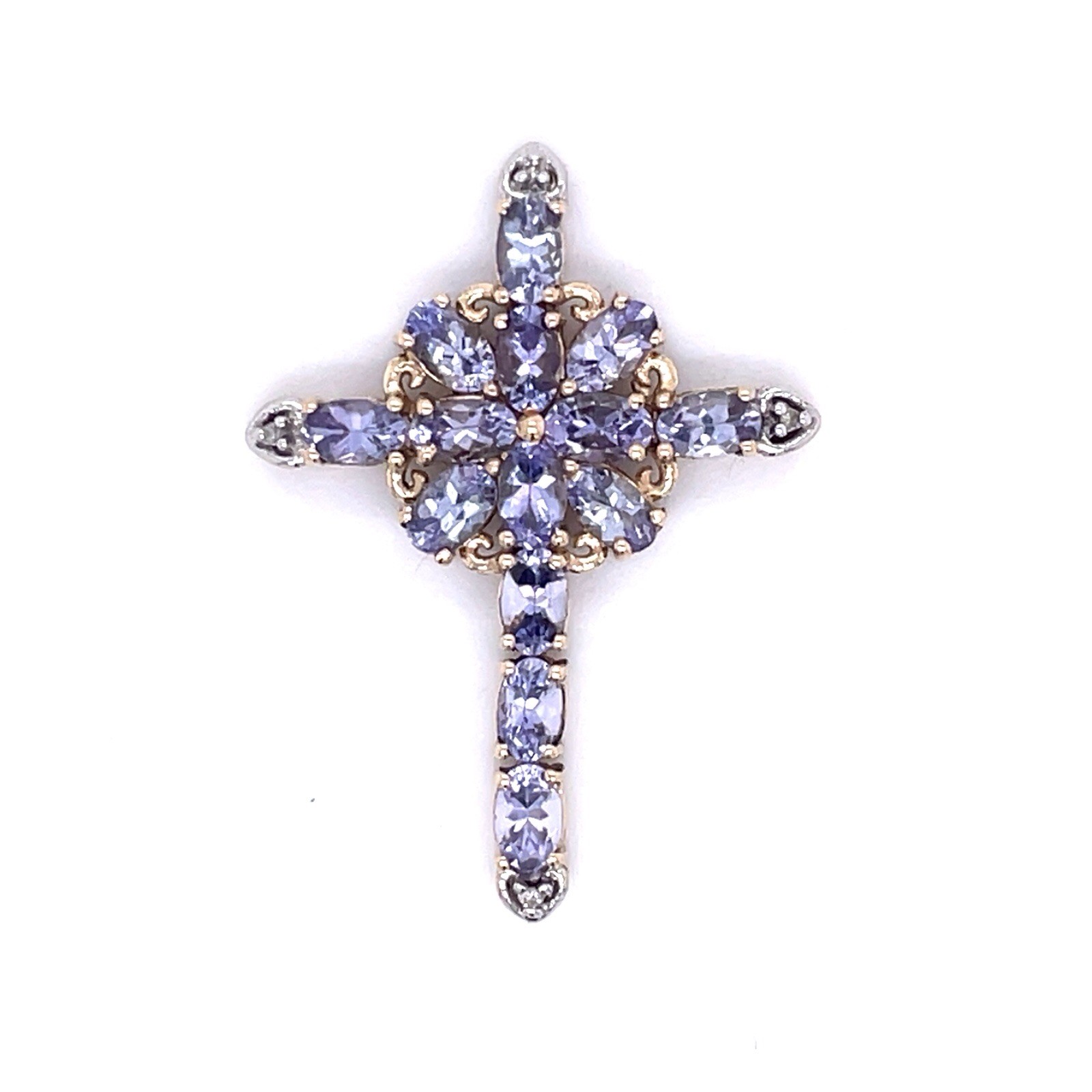 10k Yellow Gold 1-1/2” High 1.4 Ct Tanzanite & Diamond Cross Pendant 3.1 Grams