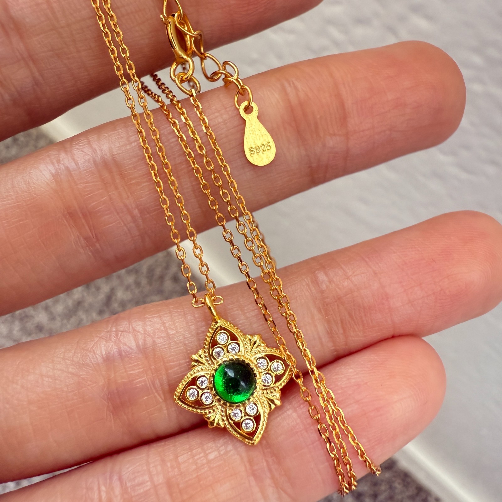 925 Sterling Silver Necklace 4mm Natural Emerald Zircon Gemstone Flower Jewelry
