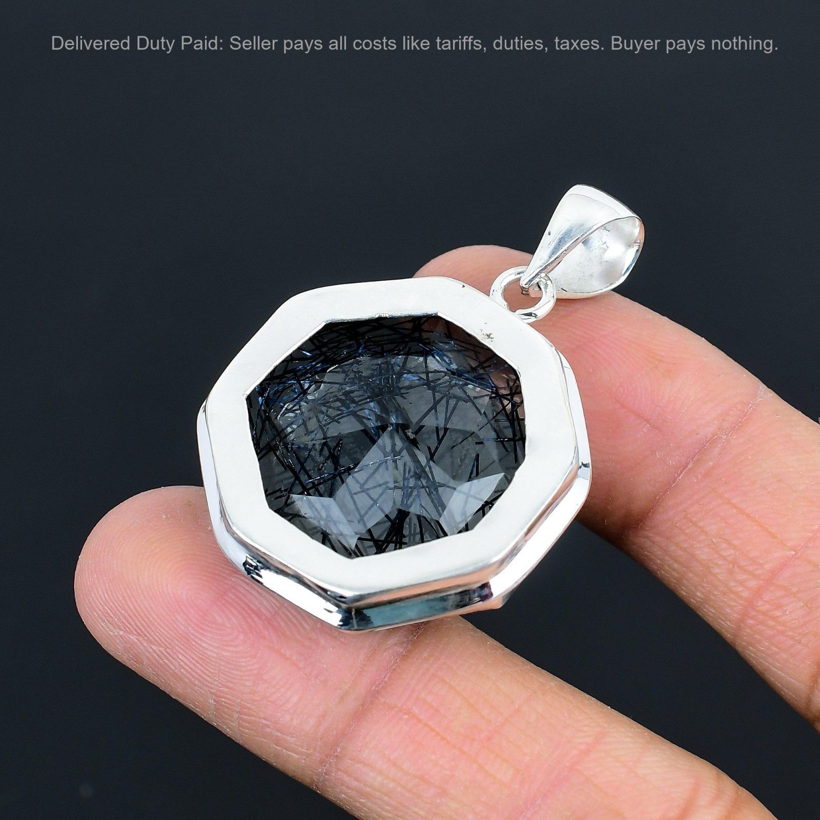 Octagon Black Rutile Gemstone 925 Sterling Silver Anniversary Birthday Pendant