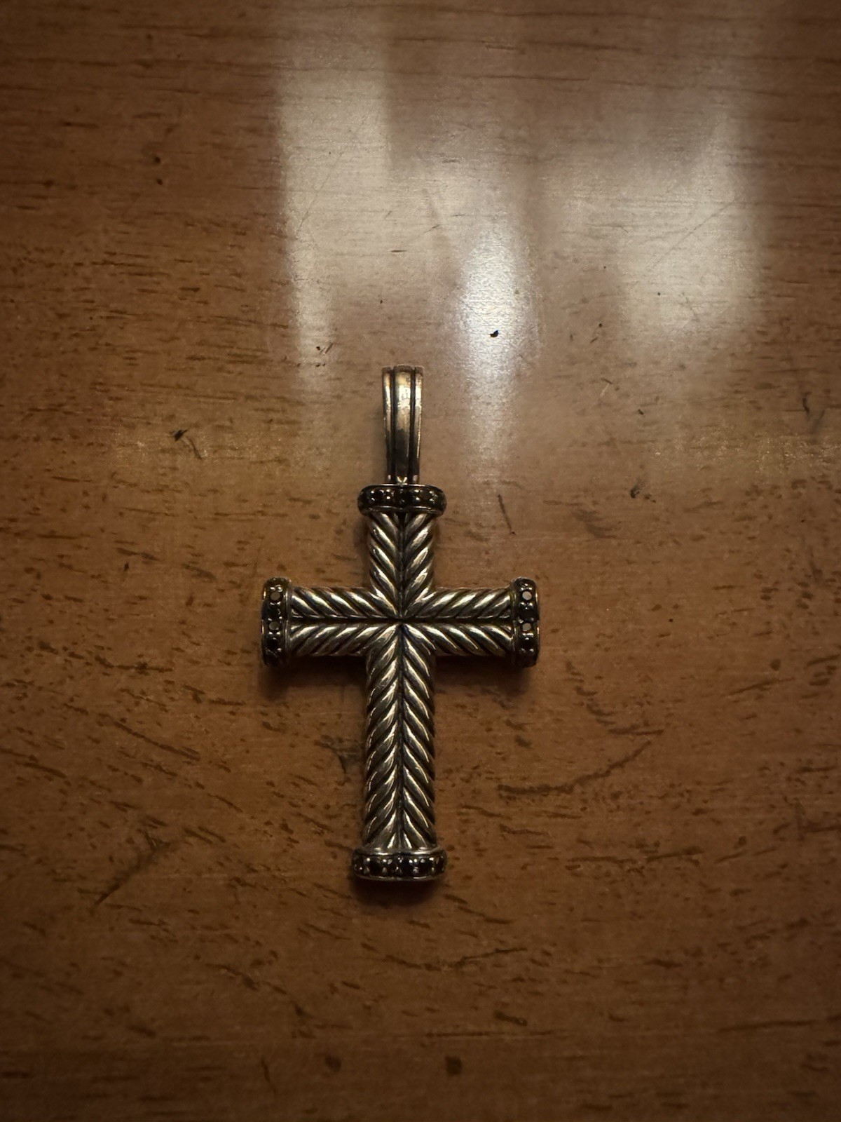 David Yurman Chevron Cross Pendant Amulet with Black Diamond 925 Sterling Silver