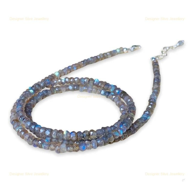 New Blue Flashy Sterling Silver Labradorite Gemstone Boho Beaded Necklace Chain
