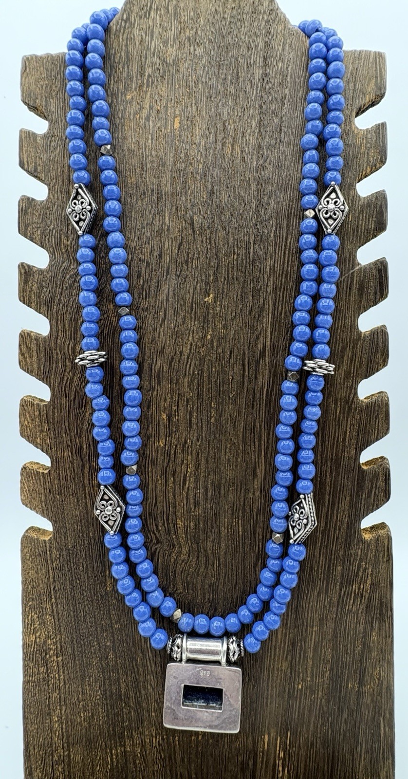 Sterling Silver & Lapis Necklace Double Strand Dyed Stone Beads Magnetic Close