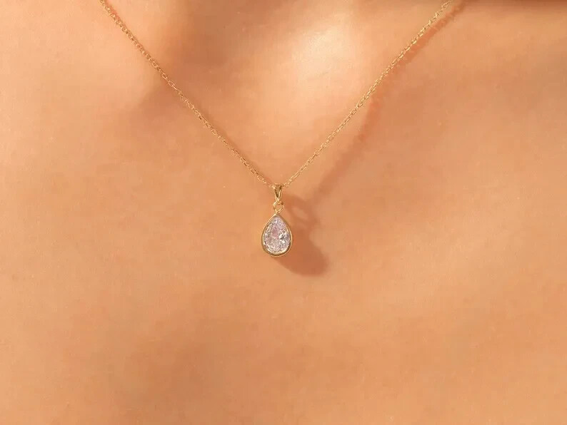 14K Yellow Gold Over 2.50Ct Pear Shape Diamond Lab Created Pendant Free Chain.