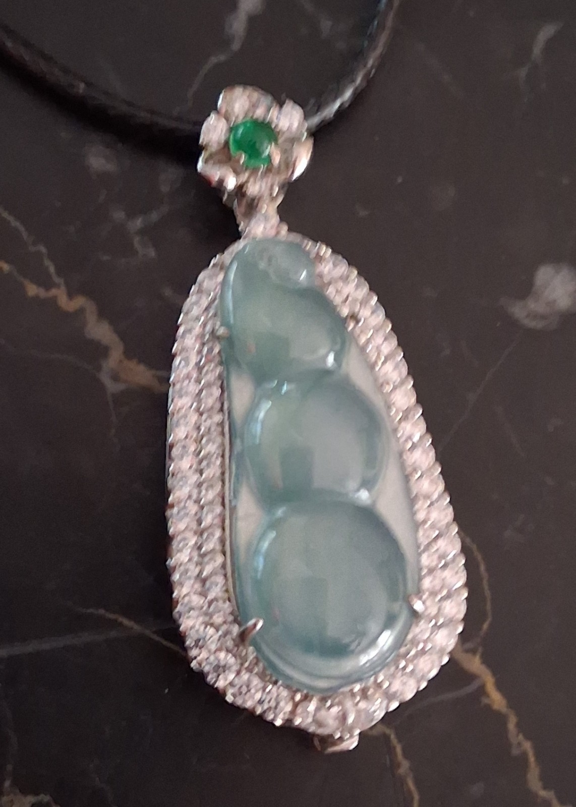 Natural Jadeite Teardrop Pendant Necklace 925 Sterling Silver Black Cord Signed