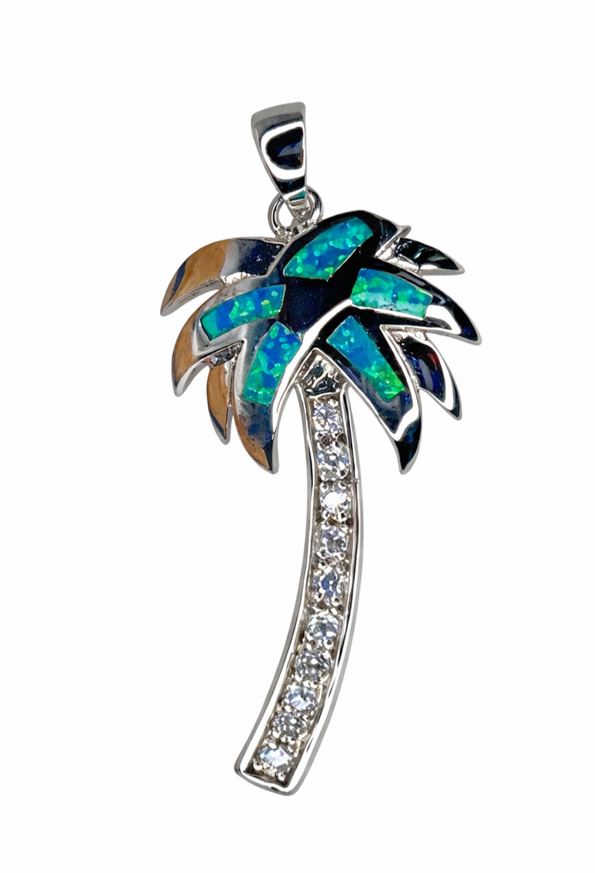 Sterling Silver 925 Palm Tree Pendant Opal & CZ Inlay Tropical Jewelry 1.5″ Long