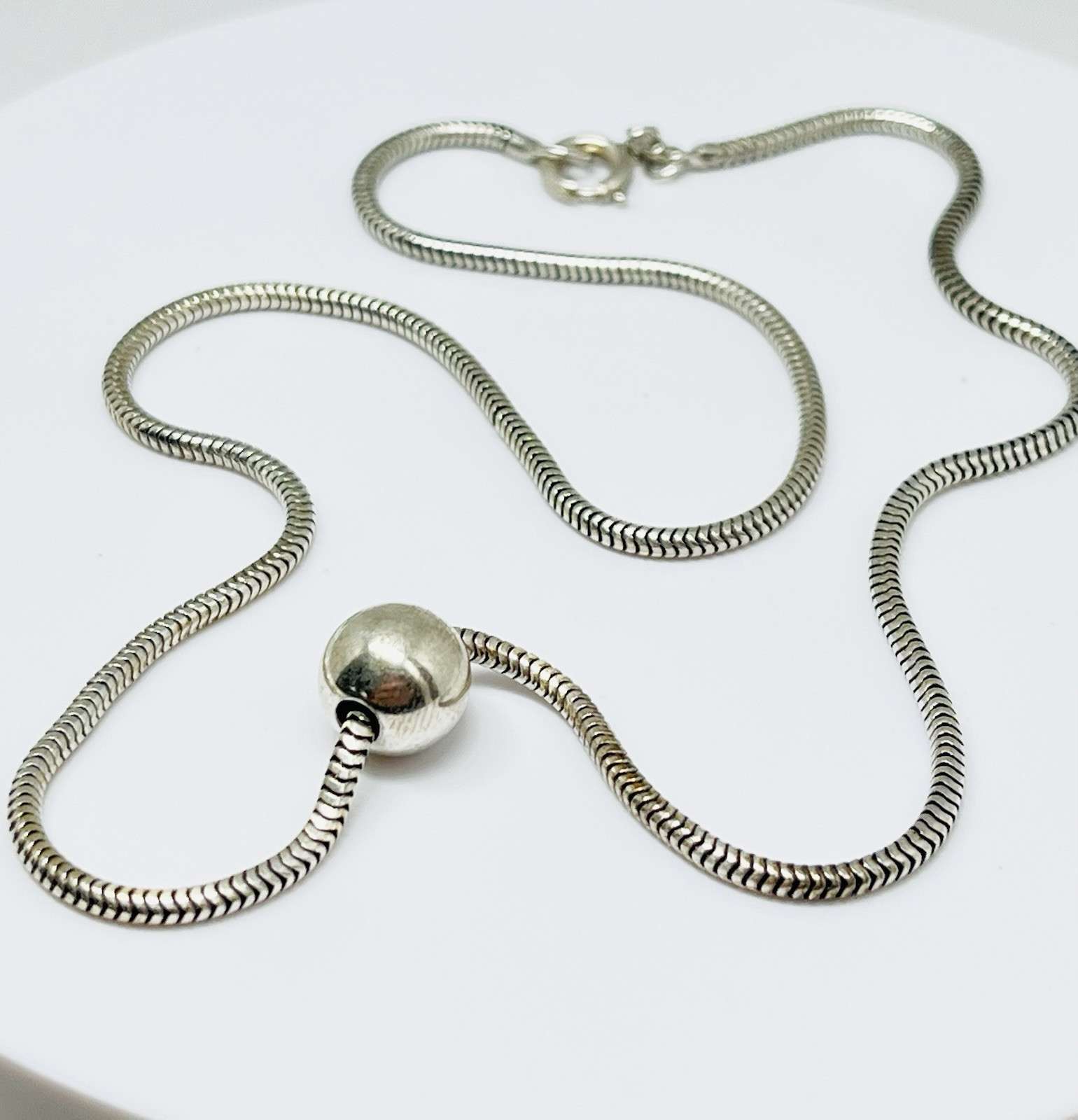 835 German Silver Ball Charm Pendant Snake Chain Necklace 16”