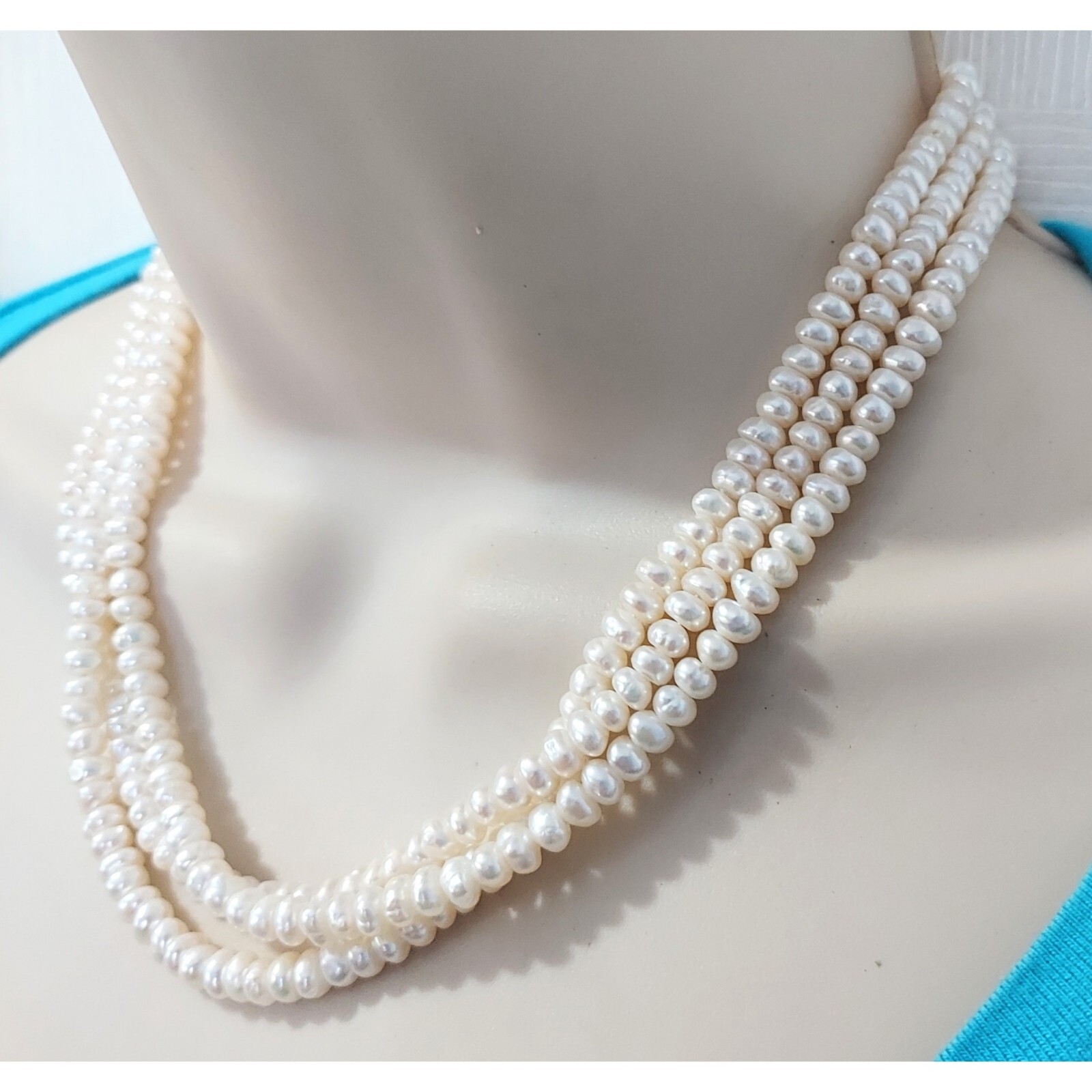 Triple Strand White 6mm Freshwater Pearl Necklace w 14kt Gold Round Box Clasp