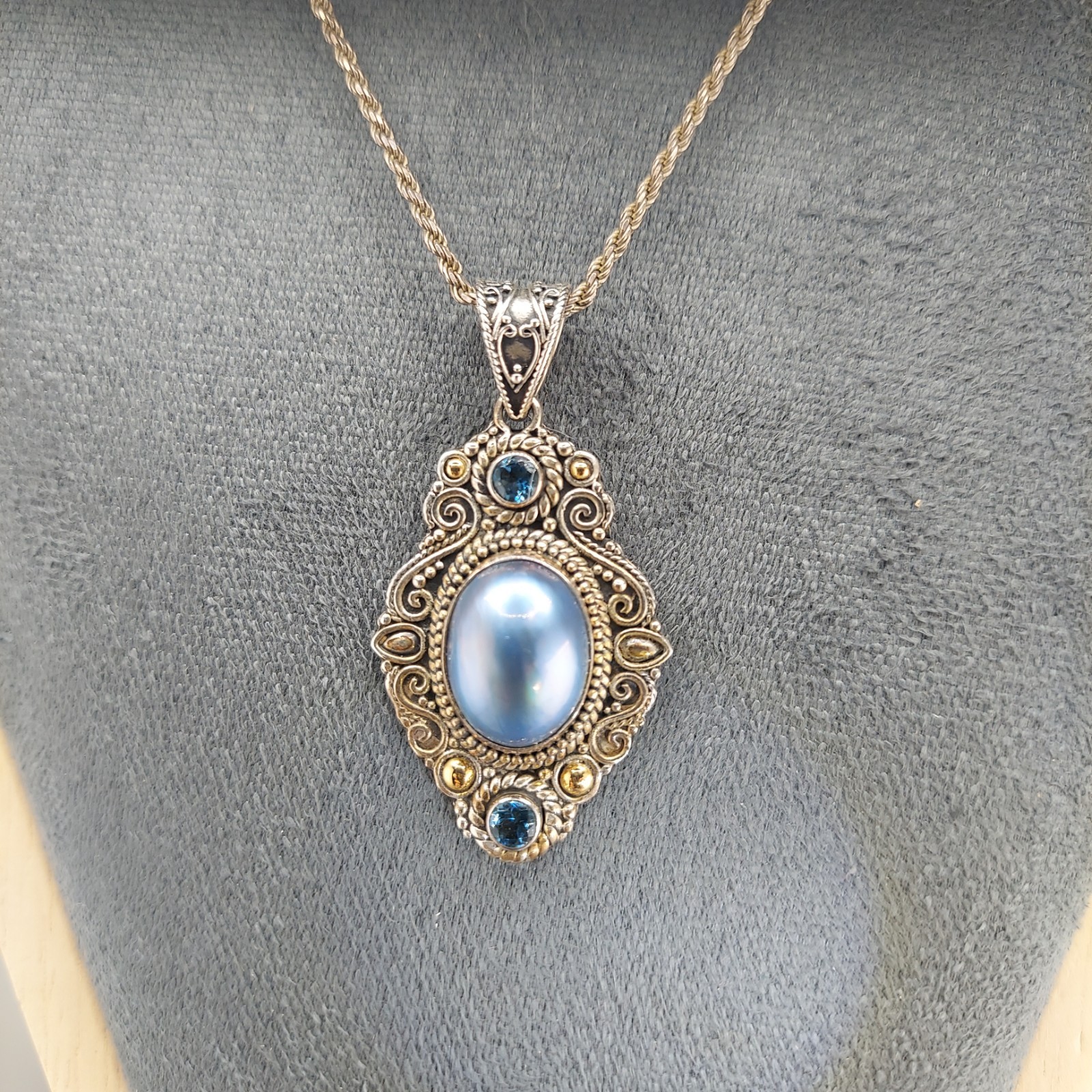 Vintage Balinese Sterling and 18k Pendant with London Blue Topaz and Blue Pearl