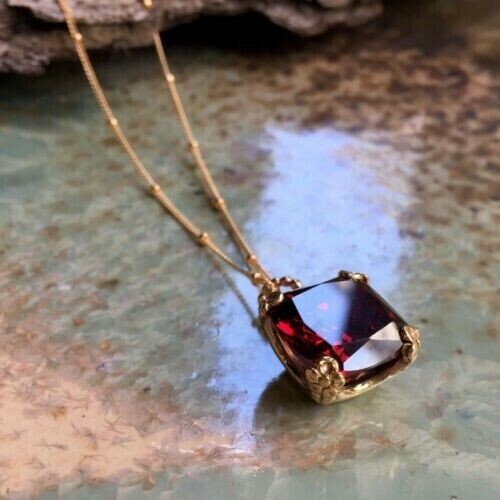 14k Yellow Gold Plated Silver 2.67Ct Lab Created Garnet Pendant 18 Chain Cushion