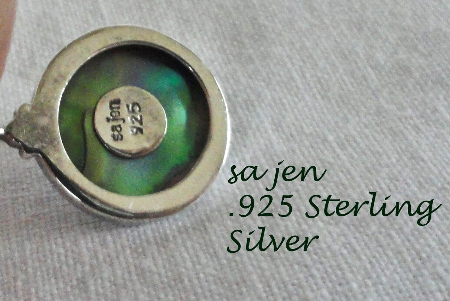 VTG Sajen Abalone Sterling Silver Round Pendant Swirl Green Blue 1-1/16″ Long