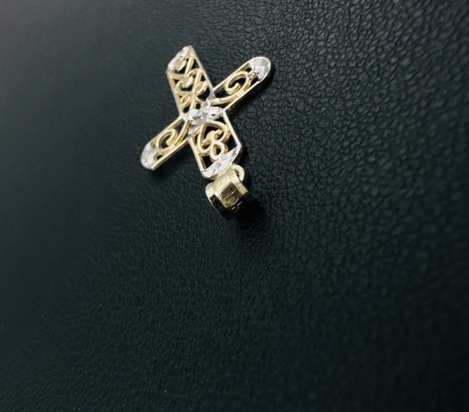 Solid 10K Multi-Tone Gold Filigree Cross Pendant w/White Sapphire Accent, 1.15″