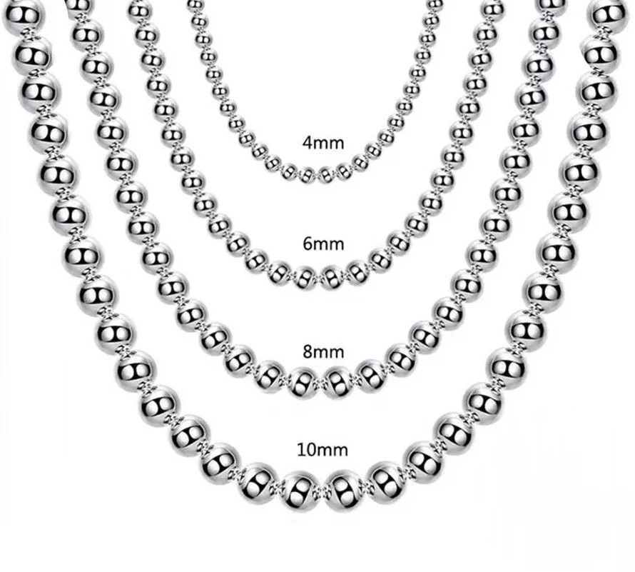 Sterling Silver 925 Smooth Beads Ball Chain Necklace Women 4MM 6MM 8MM