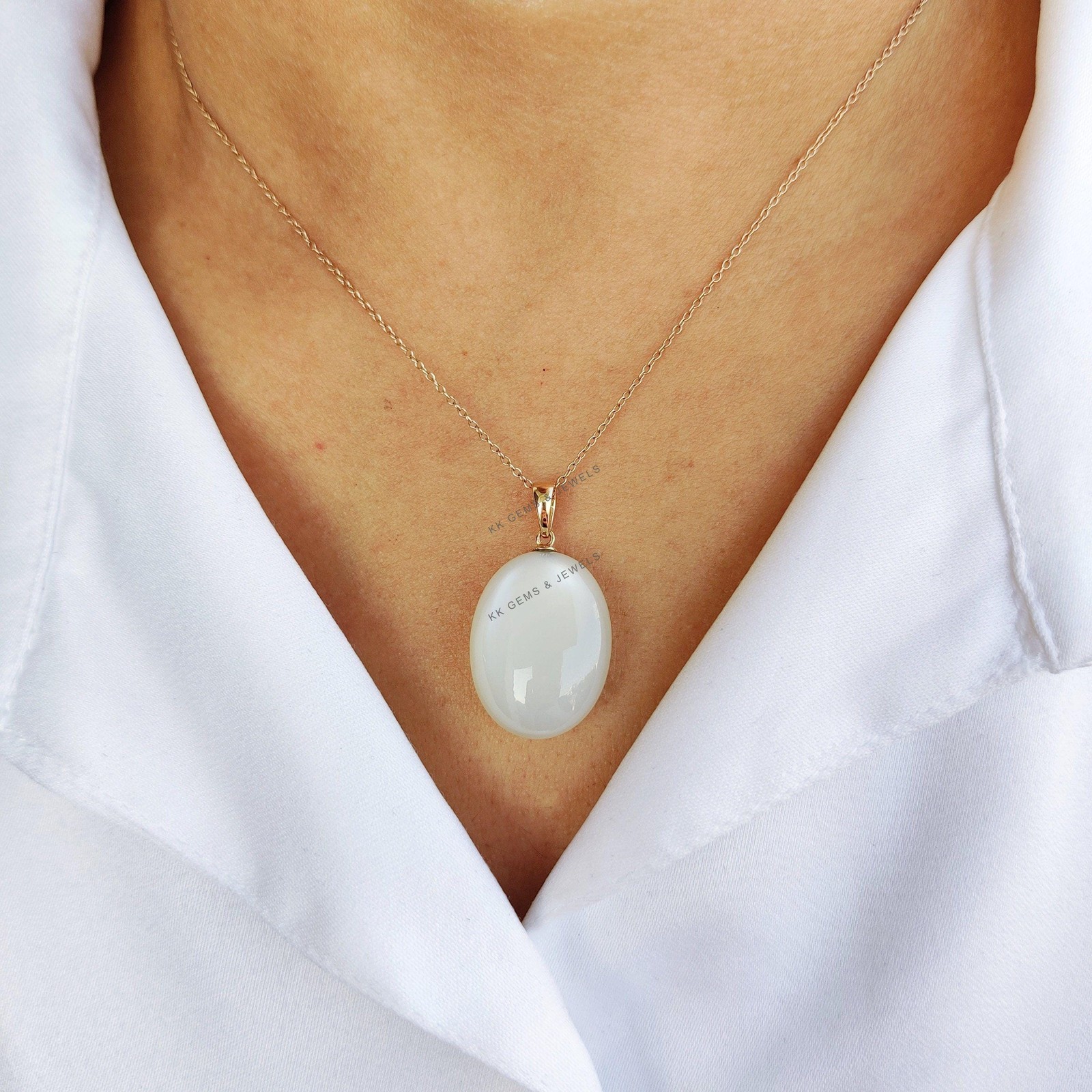 26.32ct Natural White Moonstone Pendant 14K Gold Minimalist June Birthstone