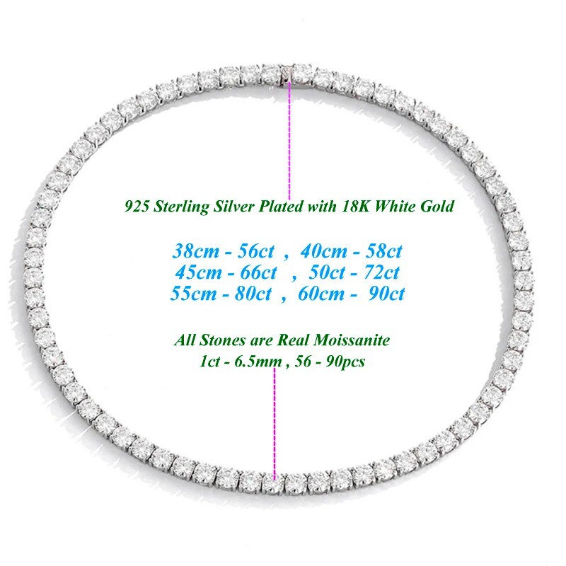 6.5mm Round Real Moissanite Tennis Necklace Hip Hop 925 Sterling Silver Chain