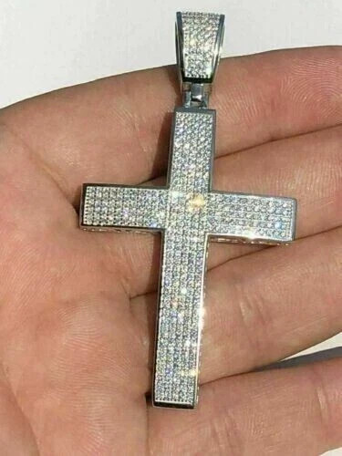3Ct Lab Created Diamond Round Cross Pendant Chain 14K White Gold Silver Plated